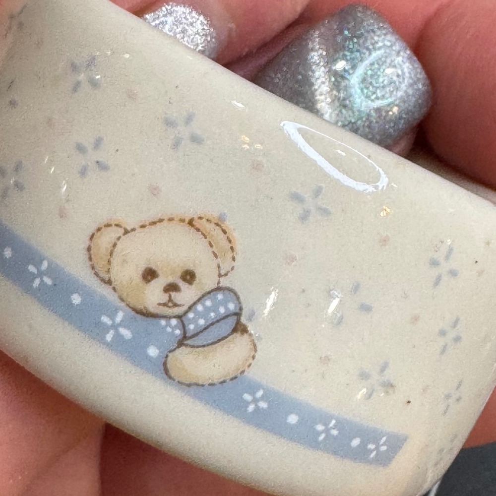 Vtg Tienshan Teddy Bear Ceramic Napkin Ring Blue Bow Nursery Decor Cream Baby‎